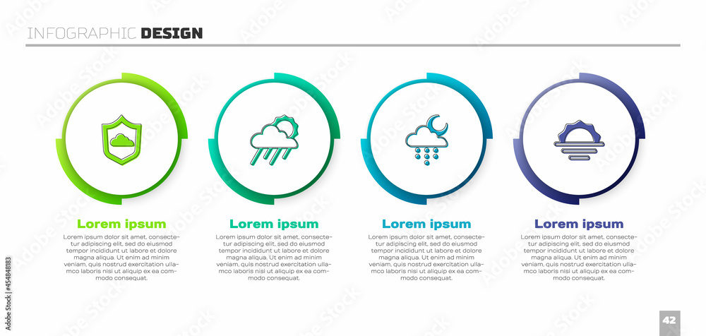 设置天气预报，云与雨、太阳、月亮和日出。商业信息图模板。Vect