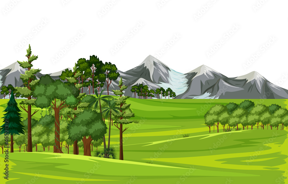 Blank meadow landscape scene with many trees and mountain background