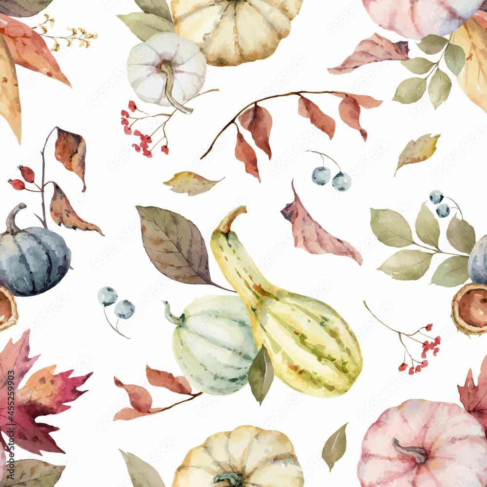 水彩矢量无缝图案，带有五颜六色的南瓜和叶子。