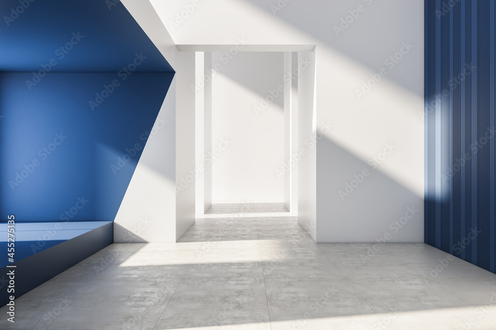 现代明亮的蓝色和白色空内饰。3D渲染。