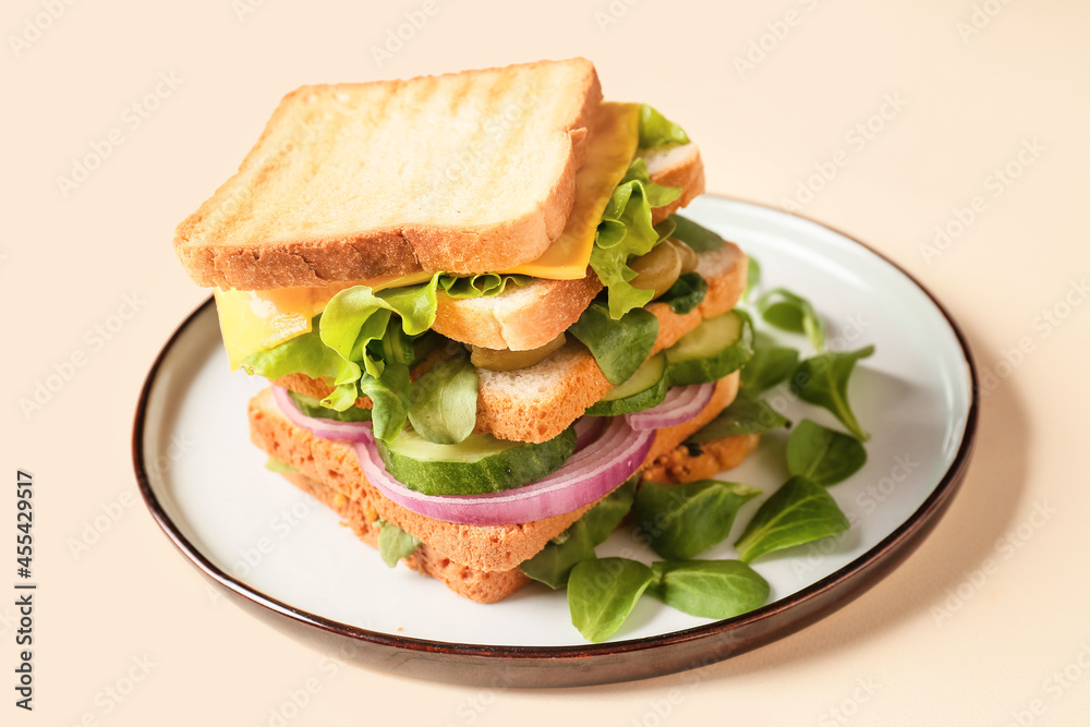 彩色背景上有美味三明治的盘子，特写