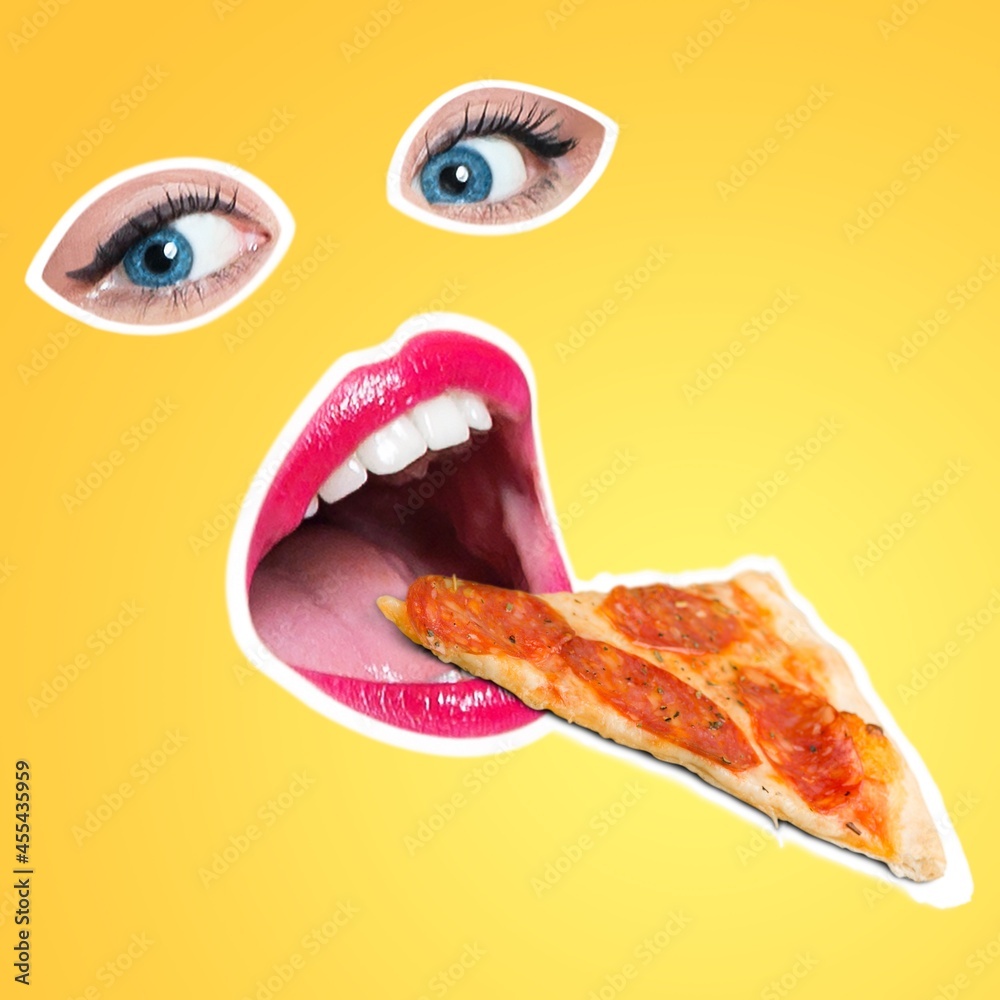 快餐时间。用女性的嘴和眼睛和一片披萨组成