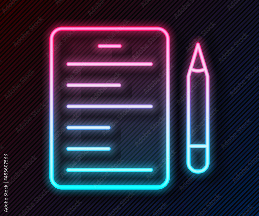 Glowing neon line Scenario icon isolated on black background. Script reading concept for art project