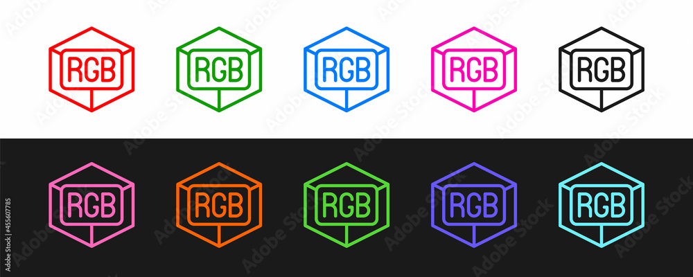 设置在黑白背景上隔离的RGB和CMYK颜色混合图标。矢量