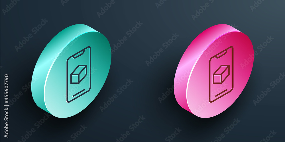 Isometric line 3D printer software icon isolated on black background. 3d printing. Turquoise and pin