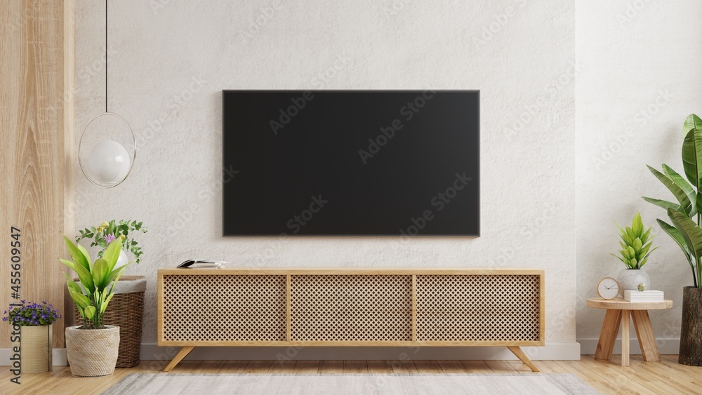 用白色石膏墙模拟安装在客厅的电视墙。