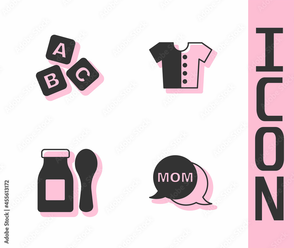 Set Speech bubble mom, ABC blocks, Yogurt in bottle with spoon and Baby t-shirt icon. Vector
