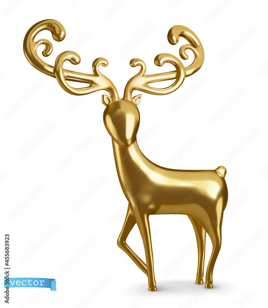 Gold deer Christmas decoration. 3d vector realistic icon