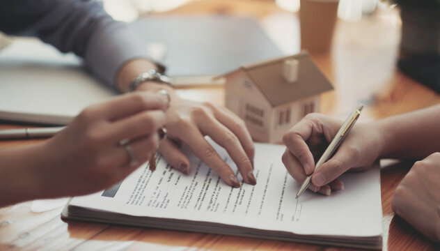 裁剪图像的房地产经纪人协助客户签署合同文件在办公桌与房屋模型