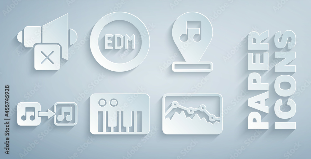 设置音乐合成器、音符、音调、均衡器、EDM电子舞曲和扬声器静音图标。