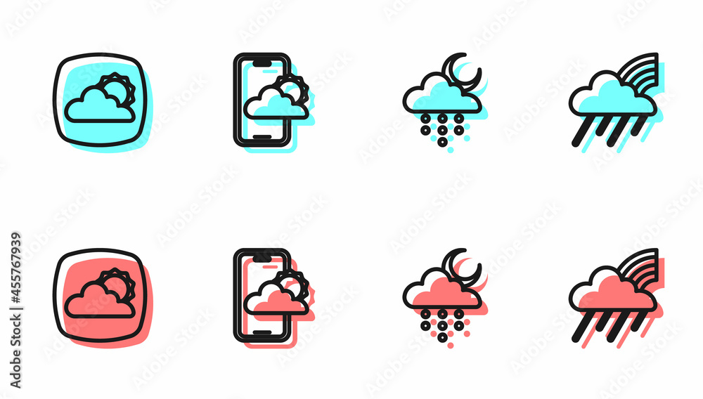 Set line Cloud with rain and moon, Weather forecast, and Rainbow cloud icon. Vector