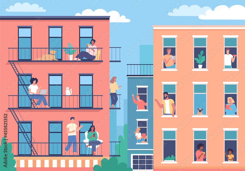 现代城市建筑和幸福的邻里生活方式。城市街道矢量卡通插画