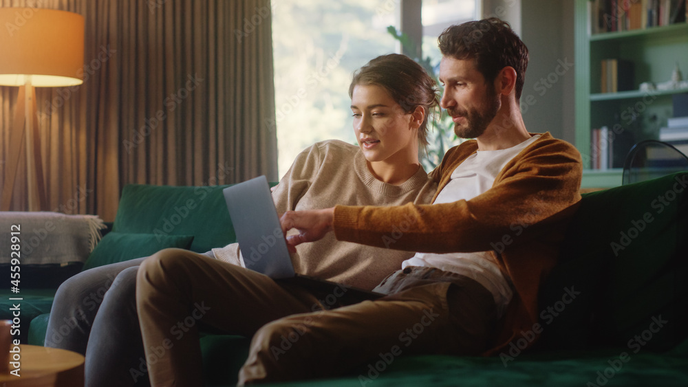 年轻情侣坐在舒适时尚公寓的沙发上使用笔记本电脑。男朋友