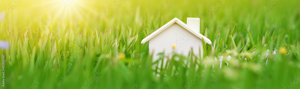 矗立在绿草如茵的草地上的房子的木制模型。