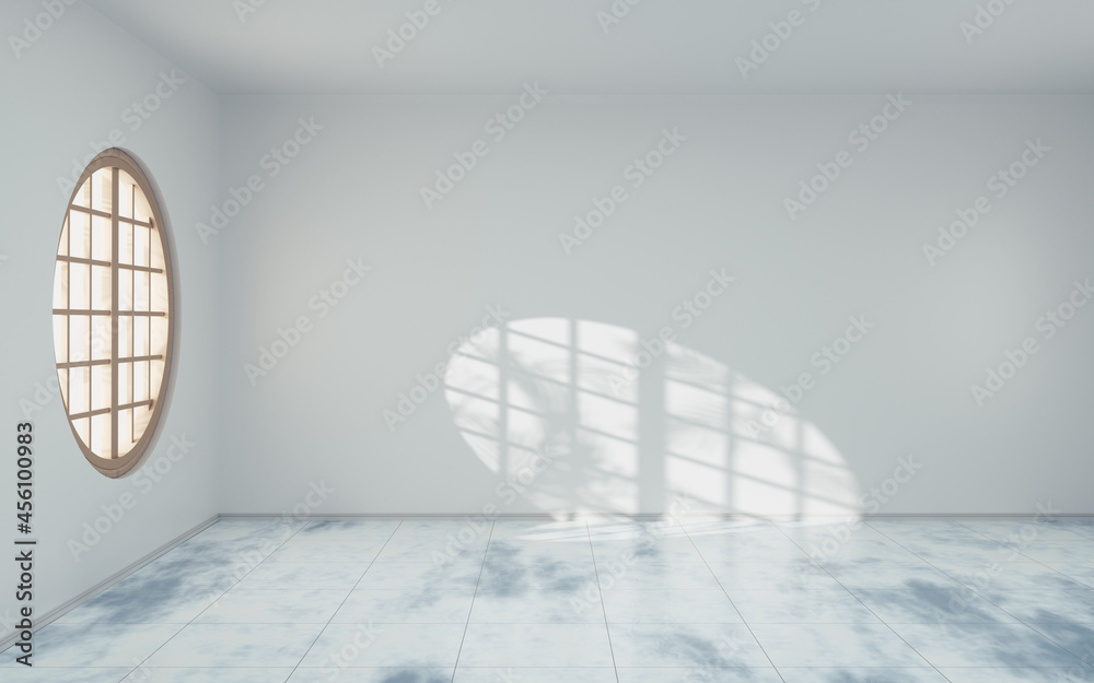 空房间，带圆形木窗，三维渲染。
