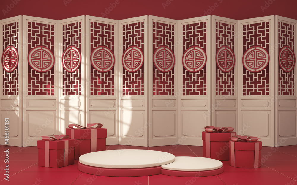 空荡荡的舞台和中式风格的房间，3d渲染。