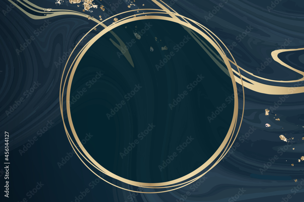蓝色流体图案背景矢量上的圆形金色框架
