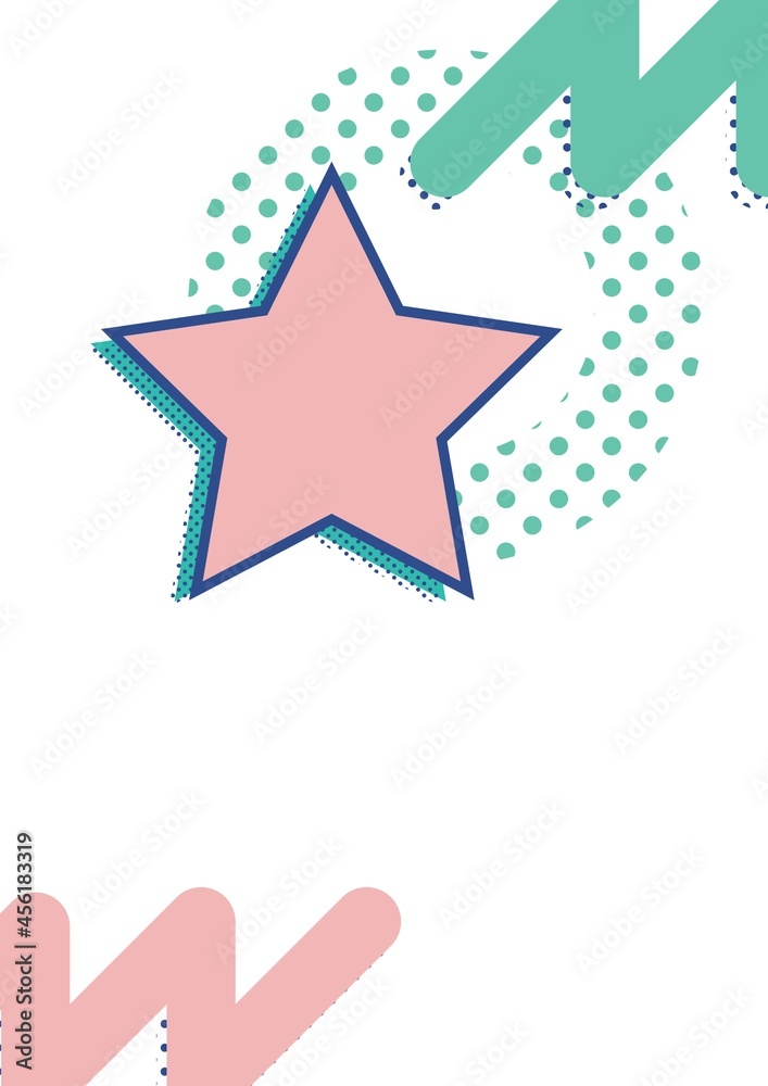 粉红色星星的构图，白色背景上有粉红色和绿色的线条和点图案