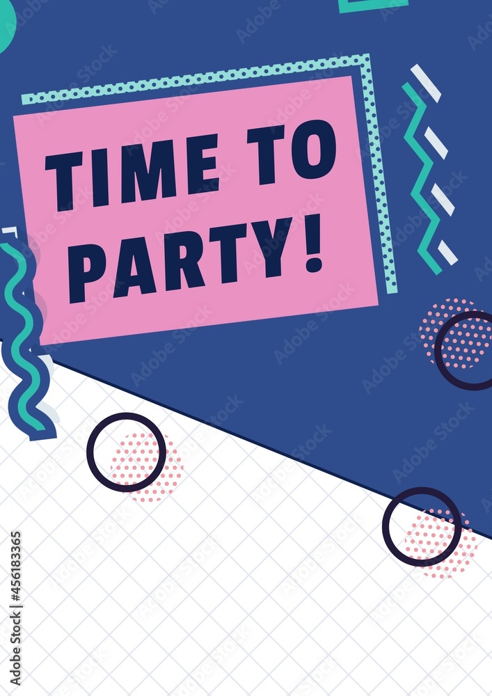 粉色矩形上的聚会时间文本组成，蓝色和白色上有线条和圆形图案