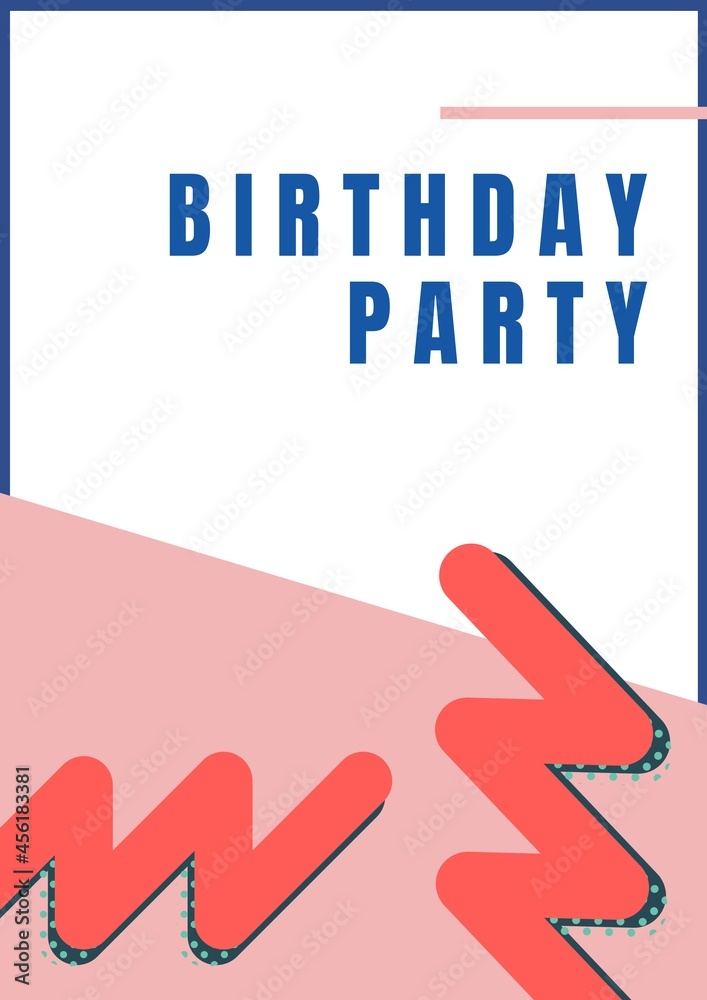 蓝色生日派对文本的组成，白色和粉色背景上有红色闪烁