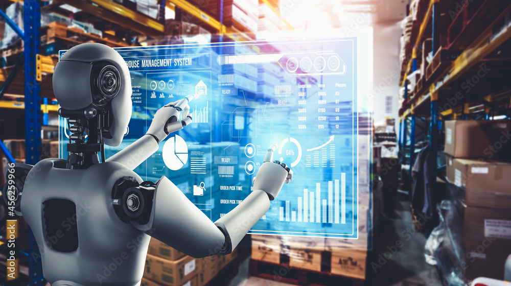 创新的行业机器人在仓库中工作，以替代人力。人工智能的概念