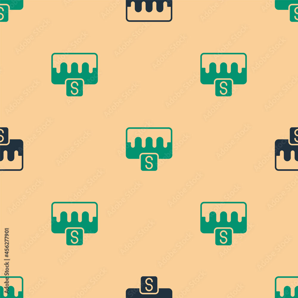 Green and black Music wave equalizer icon isolated seamless pattern on beige background. Sound wave.