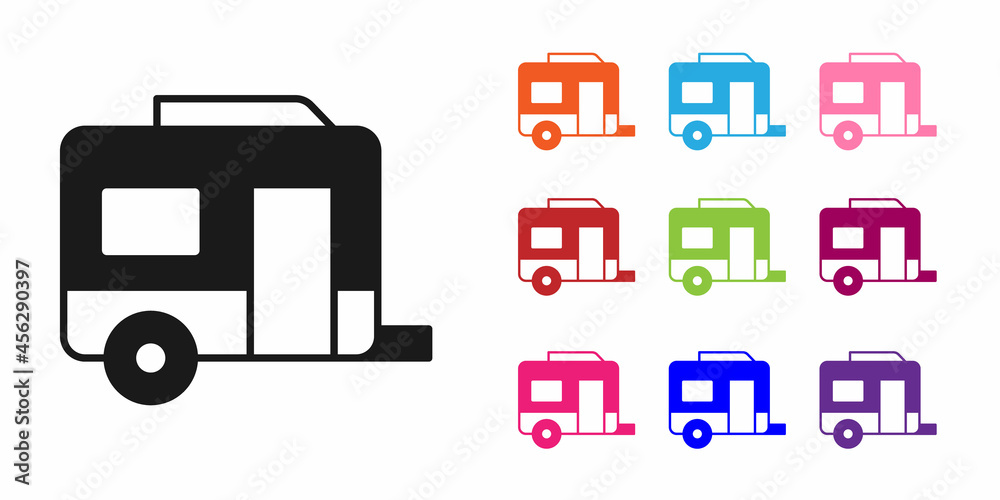 白色背景上隔离的黑色Rv露营拖车图标。旅行移动房屋、房车、家庭露营车