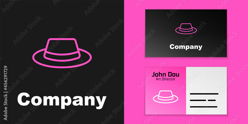 粉色线条男士帽，黑色背景上有缎带图标。标志设计模板元素。Vecto
