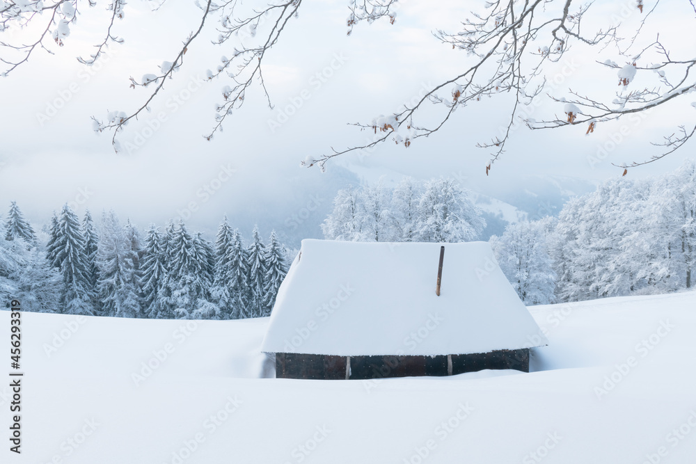 雪林中木屋的奇妙冬季景观。喀尔巴阡山脉的舒适小屋。Ch