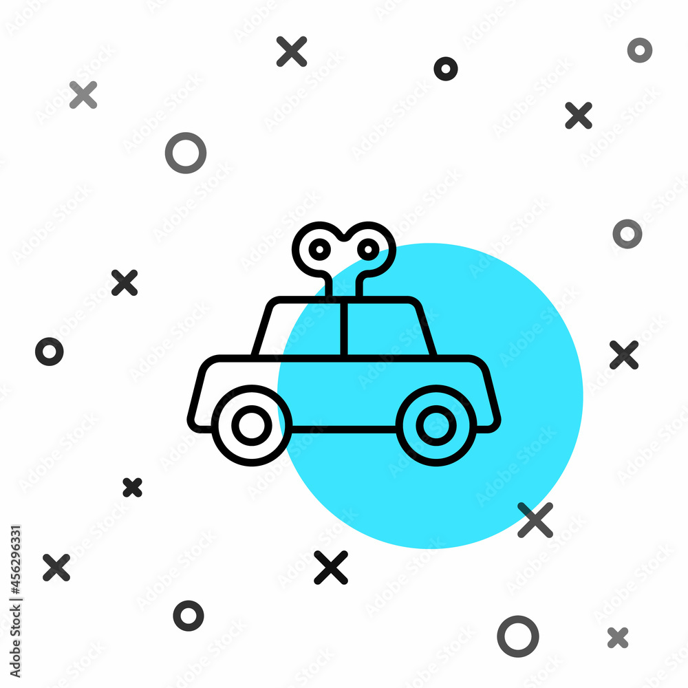 黑色线条玩具车图标隔离在白色背景上。随机动态形状。矢量
