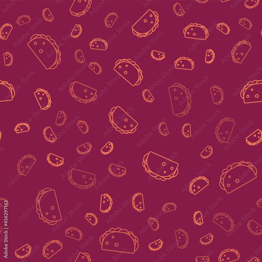 棕色墨西哥玉米饼，红色背景上有玉米饼图标隔离无缝图案。传统墨西哥