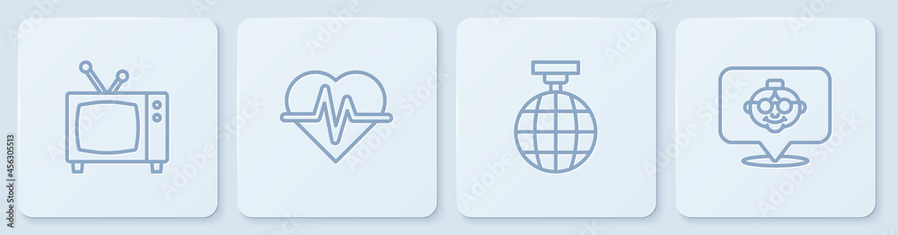Set line Retro tv, Disco ball, Heart rate and Grandmother. White square button. Vector