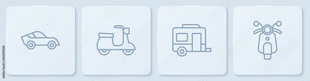 Set line Car，Rv Camping拖车，滑板车和白色方形按钮。Vector