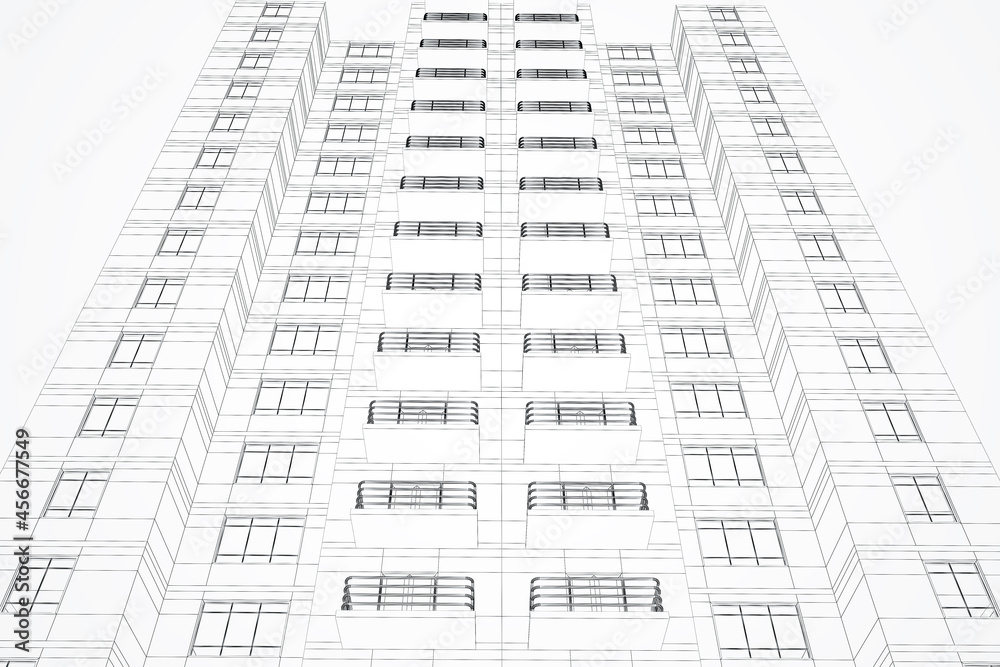 Abstract linear building project on white background. Architecture, construction and blueprint conce