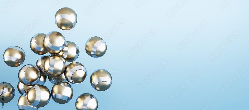 Creative wide image of shiny metal golden balls on grey background with mock up place. Design concep