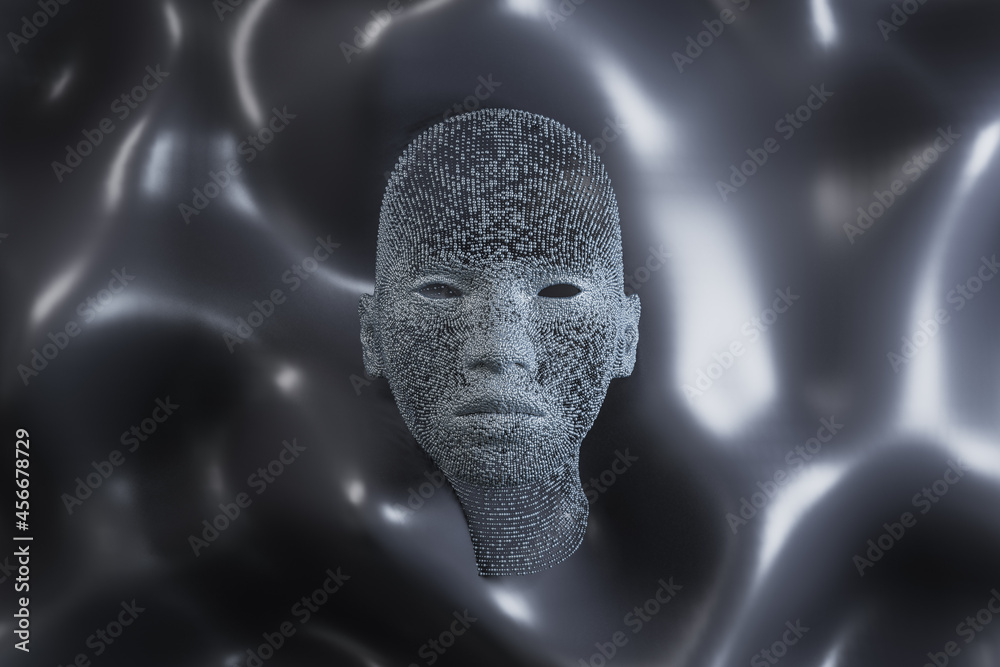 波浪背景下抽象的黑色人头。未来，机器人和人工智能背景