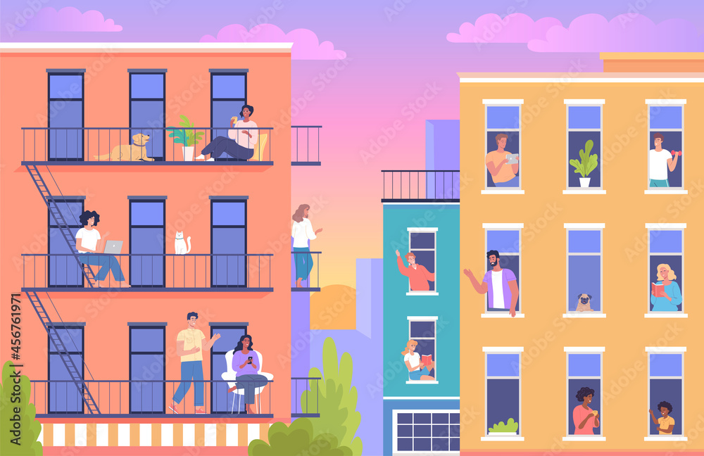 现代城市中五彩缤纷的日落卡通插图。快乐的邻居交流