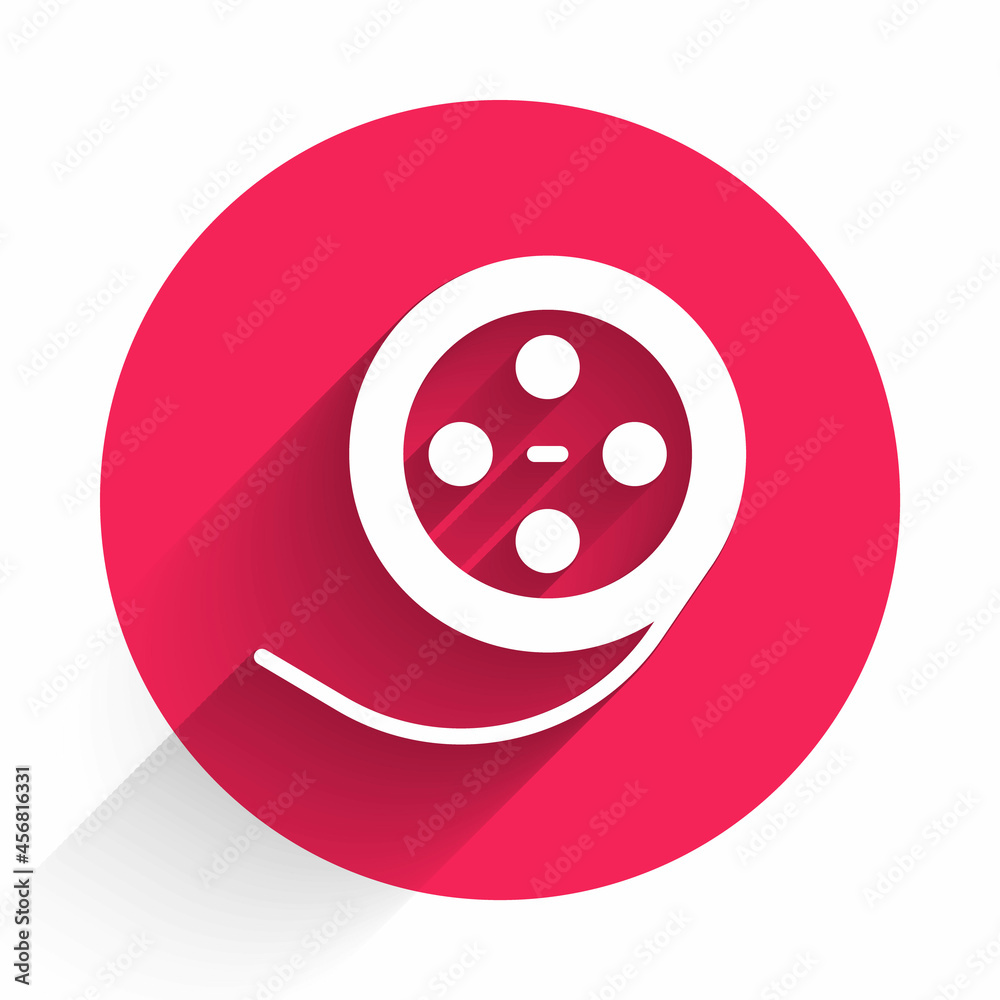 White Film reel icon isolated with long shadow. Red circle button. Vector