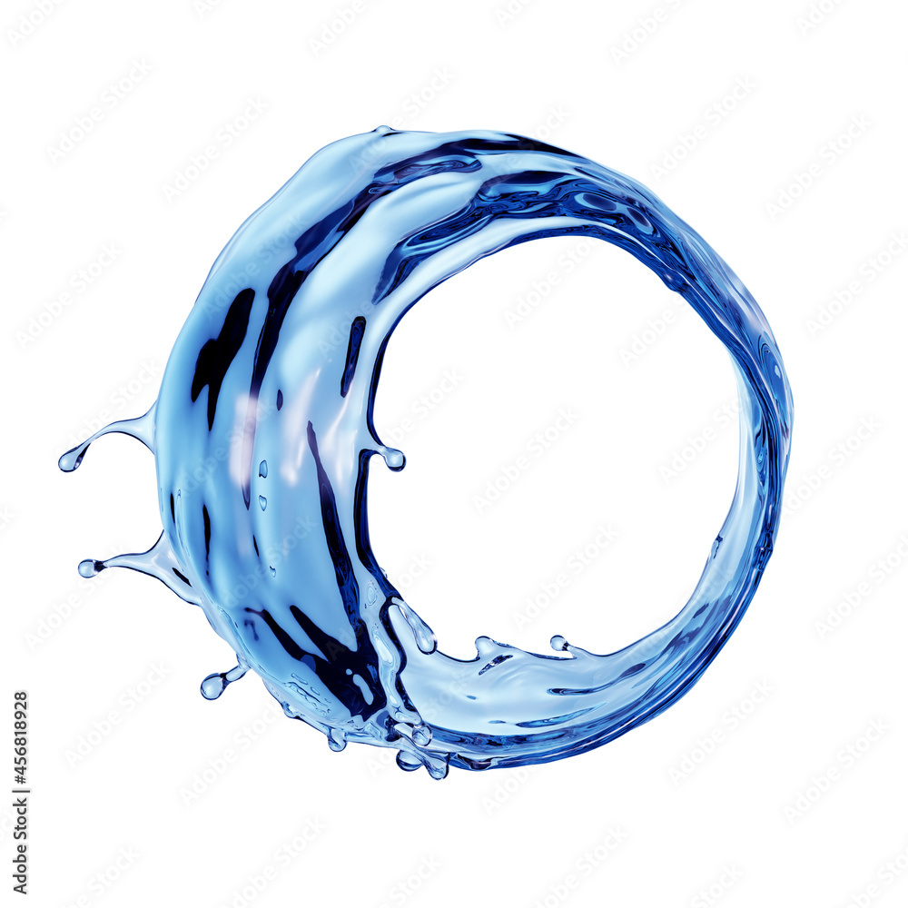 3d渲染，白色背景上隔离的蓝色飞溅剪贴画。圆形飞溅液体形状