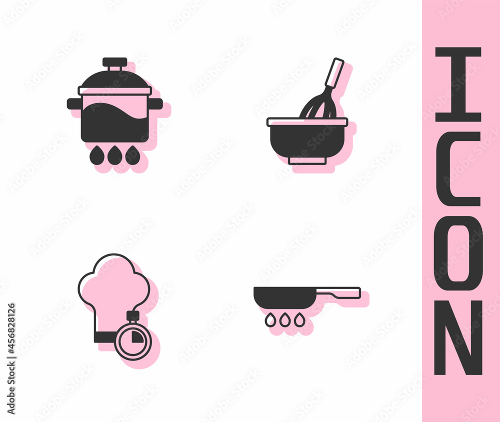 设置煎锅、烹饪锅、厨师帽和带有碗图标的厨房搅拌器。矢量