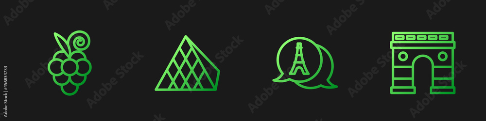 Set line Eiffel tower, Grape fruit, Louvre glass pyramid and Triumphal Arch. Gradient color icons. V