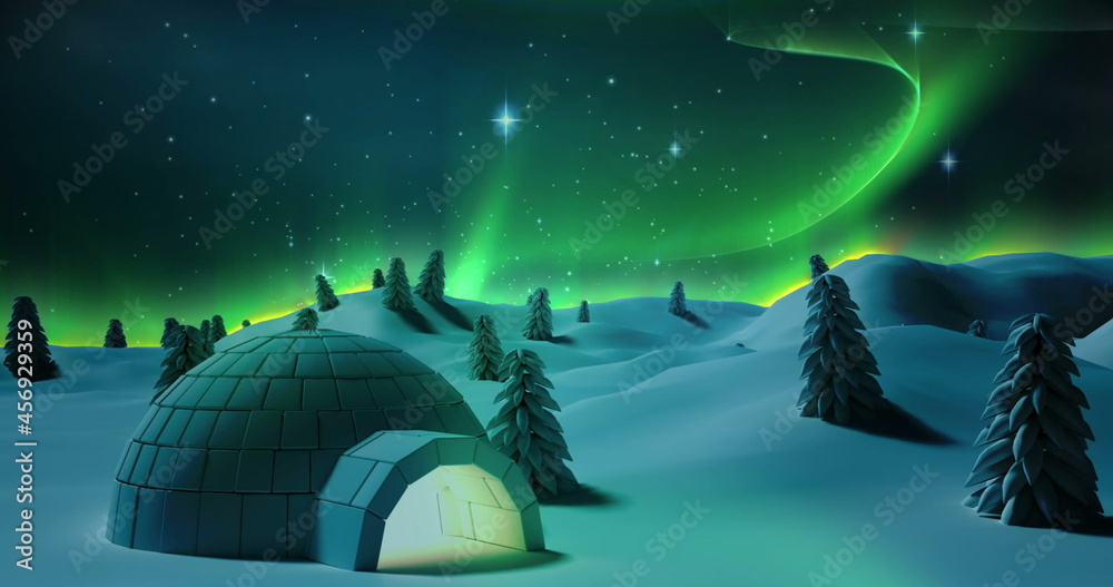 圣诞花环装饰的数字图像，在冬季雪覆盖冰屋的背景下