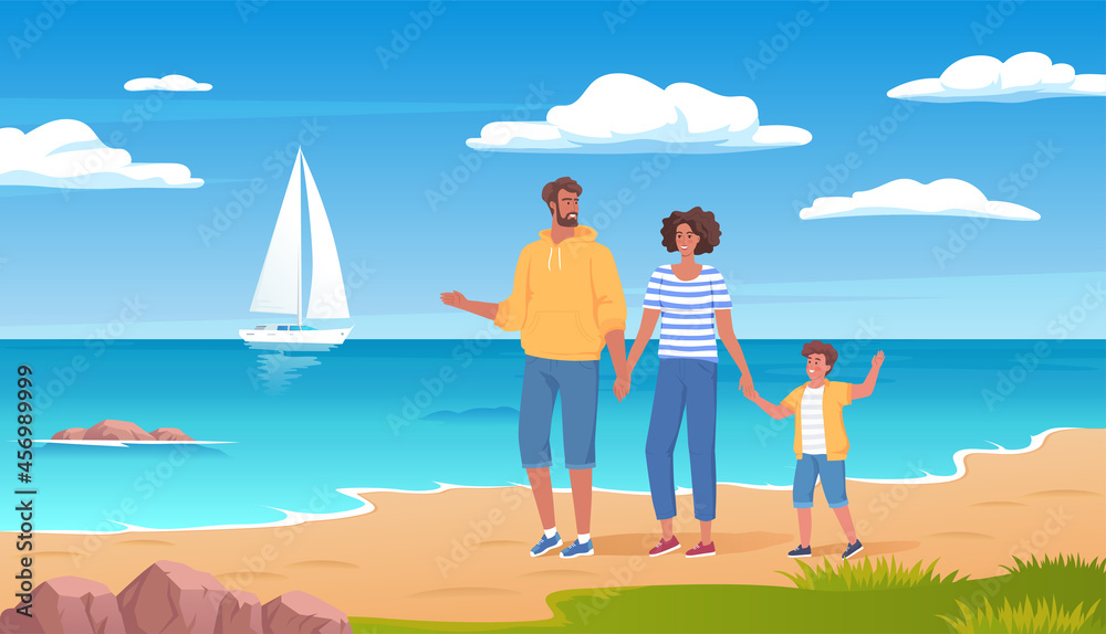 Happy cute family vacation cartoon vector illustration. Young father, mother and son walking long th