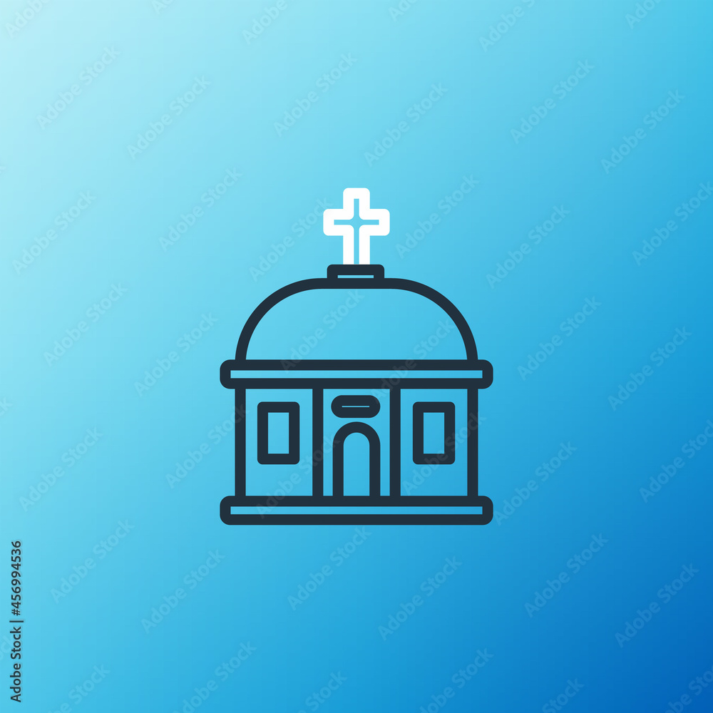 蓝色背景上隔离的圣托里尼线建筑图标。蓝色r的传统希腊白房子