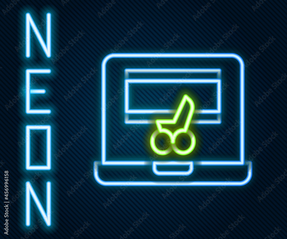 Glowing neon line Video recorder or editor software on laptop icon isolated on black background. Vid