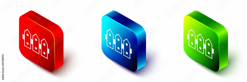 Isometric Garden fence wooden icon isolated on white background. Red, blue and green square button. 