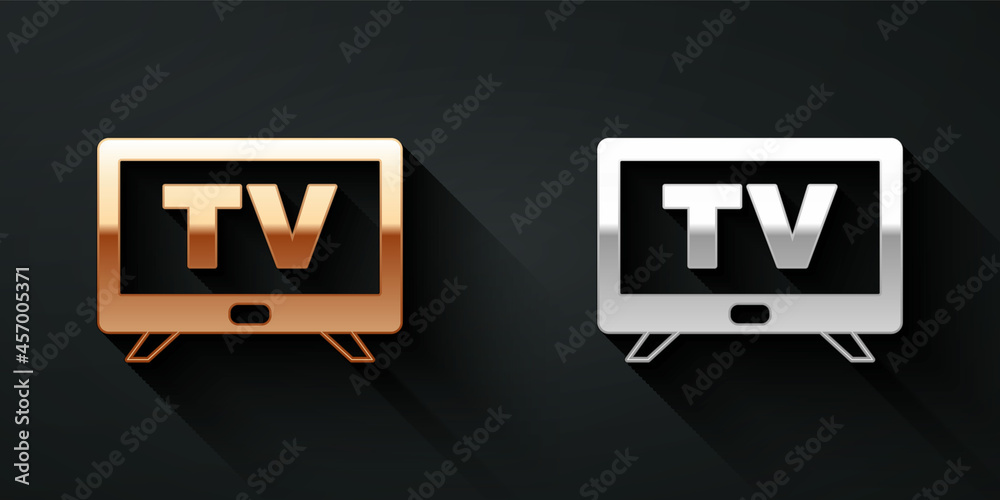 金色和银色智能电视图标隔离在黑色背景上。电视标志。长阴影风格。Vect