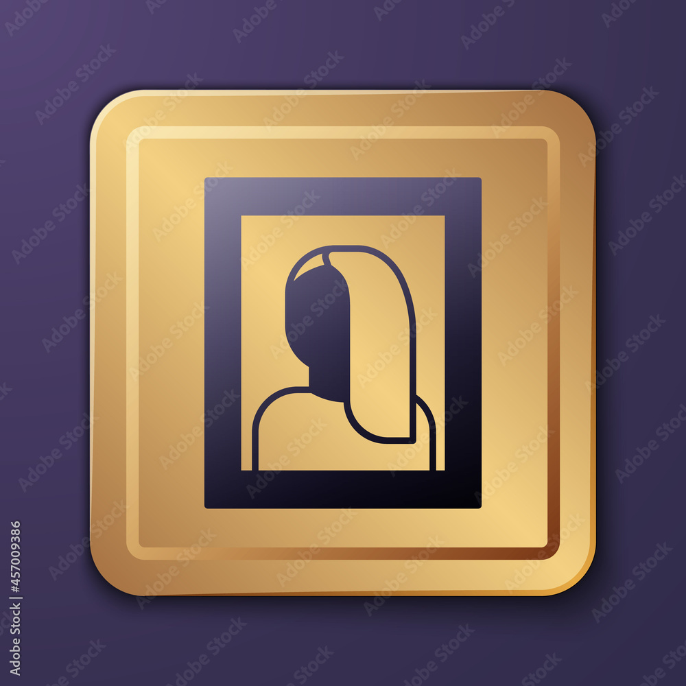 Purple Portrait picture in museum icon isolated on purple background. Gold square button. Vector