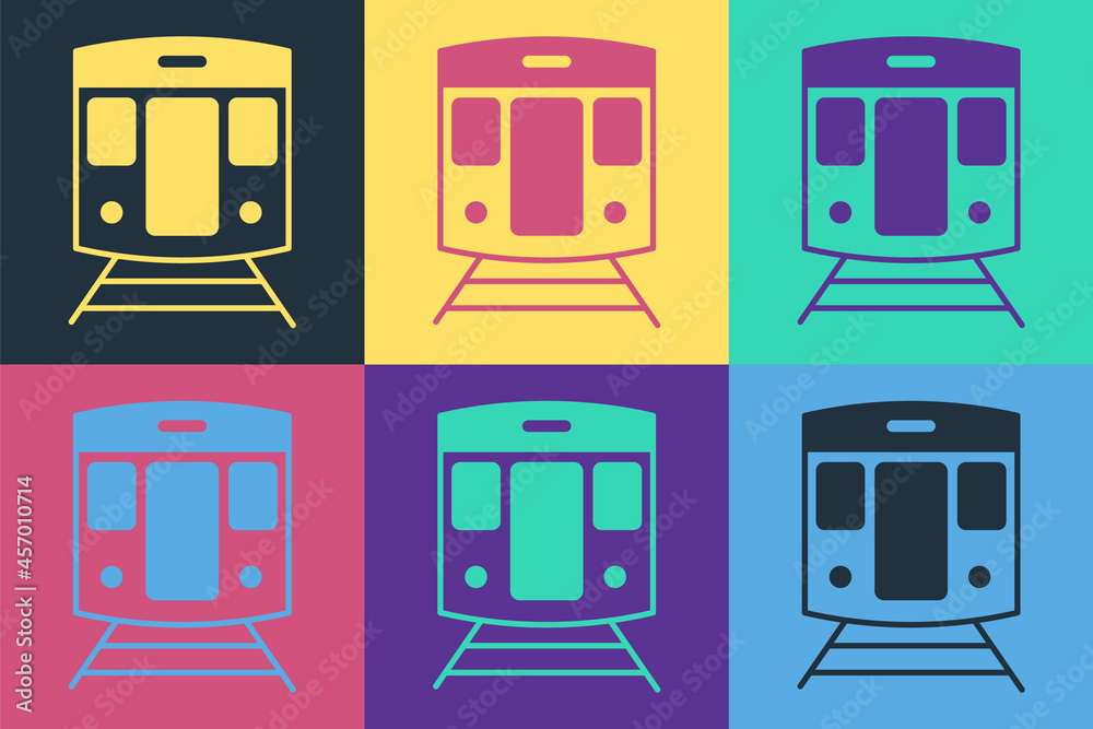 流行艺术火车和铁路图标在彩色背景上隔离。公共交通符号。地铁tr
