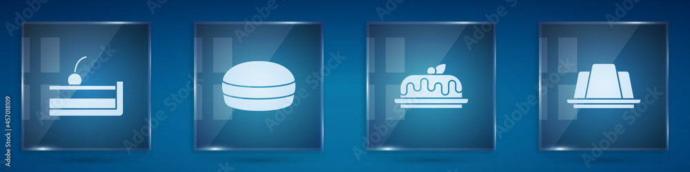 Set Cherry cheesecake, Macaron cookie, Cake and Jelly. Square glass panels. Vector